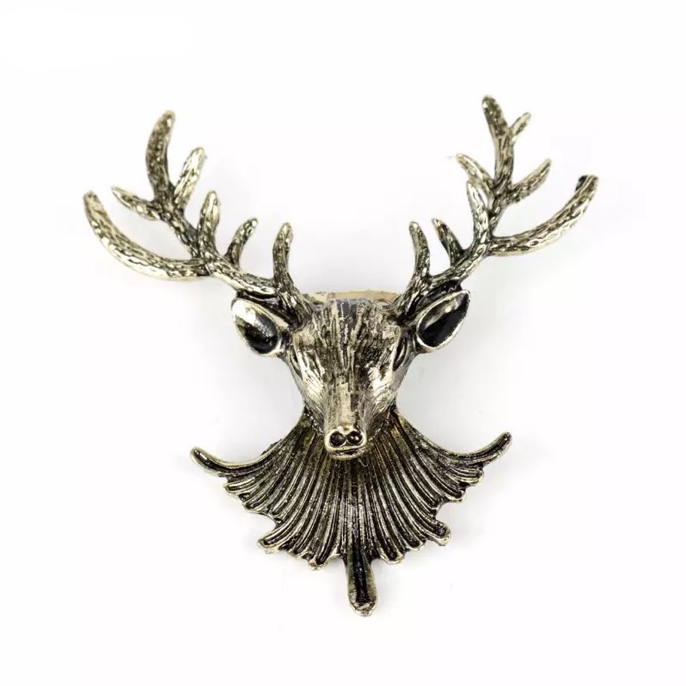 Antiqued Bronze Buck Deer Head Brooch Lapel Pin - Picture 2 of 14